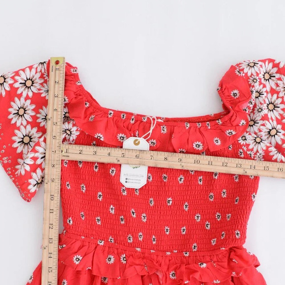 Loveriche Red Floral Smocked  Bodice Fit Flare Summer Sun Mini Dress M - Picture 5 of 13